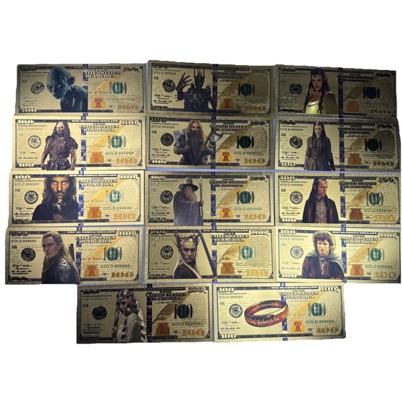 14 PCS Gold Foil $100 Lord of the Rings Collectible Dollar Bill Banknote Set COA